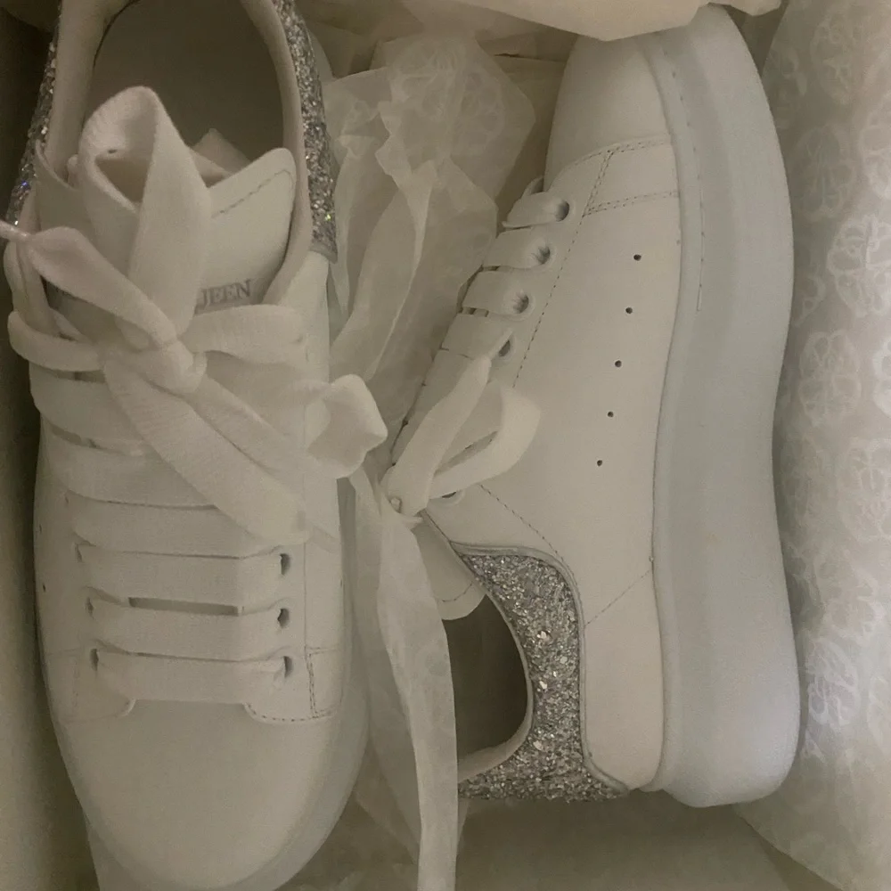 Alexander McQueen White Sneakers with Silver Glitter Heel